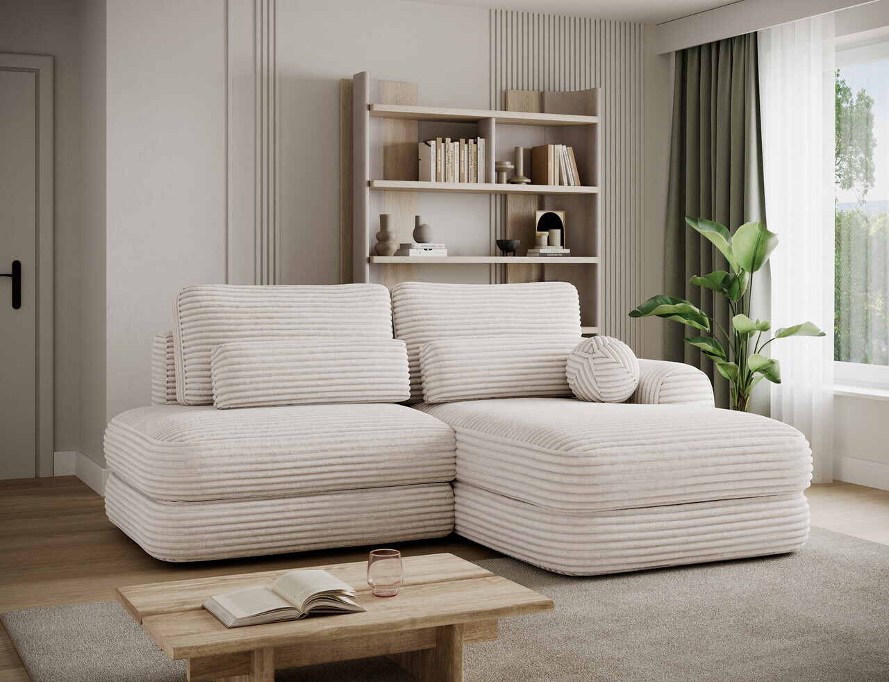 Coltar extensibil dreapta 3 locuri ELTAP, Ripeli, 217x175x96 cm, lemn/catifea din poliester, alb — imaginea 2
