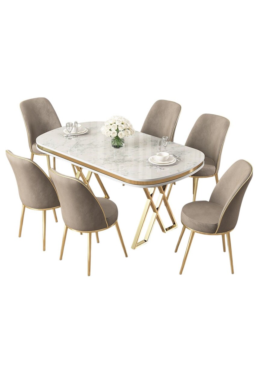 Set masă și scaune (7 piese), Hanah Home, Lai, Alb / Auriu / Cappuccino - imagine 2