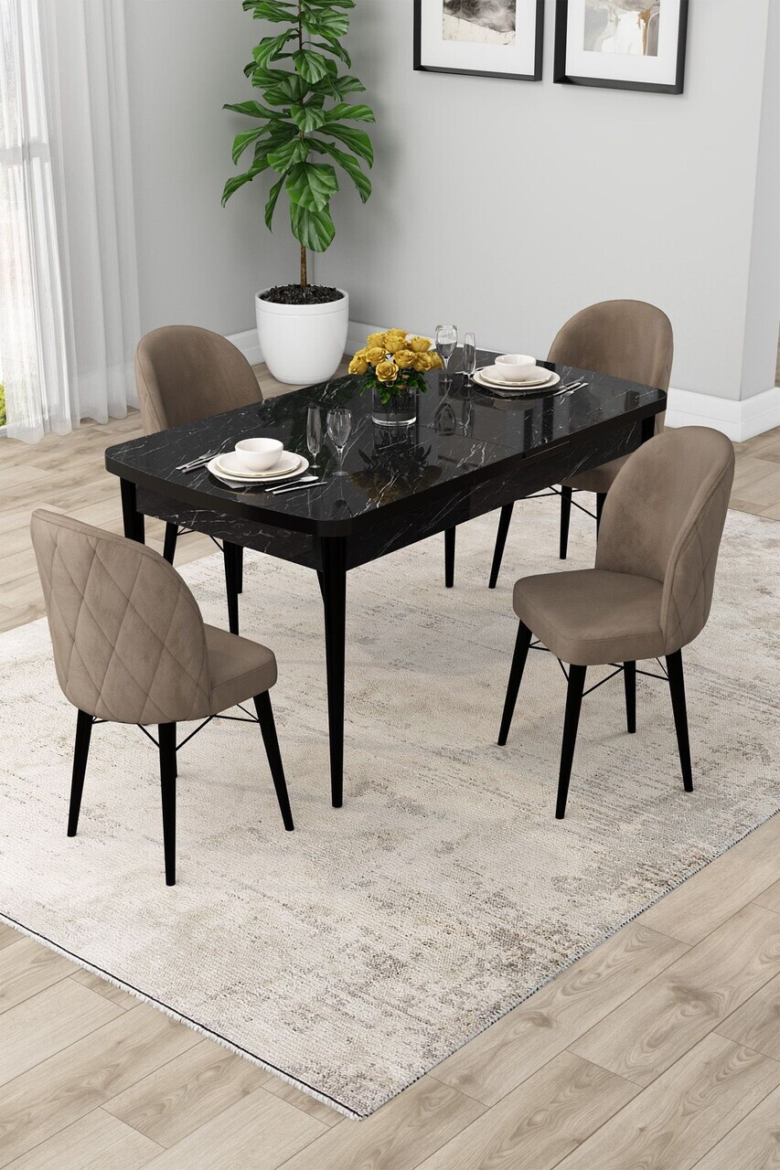Set masa extensibila si scaune (5 piese), Hanah Home, Rut, Model de marmură neagră / Cappuccino
