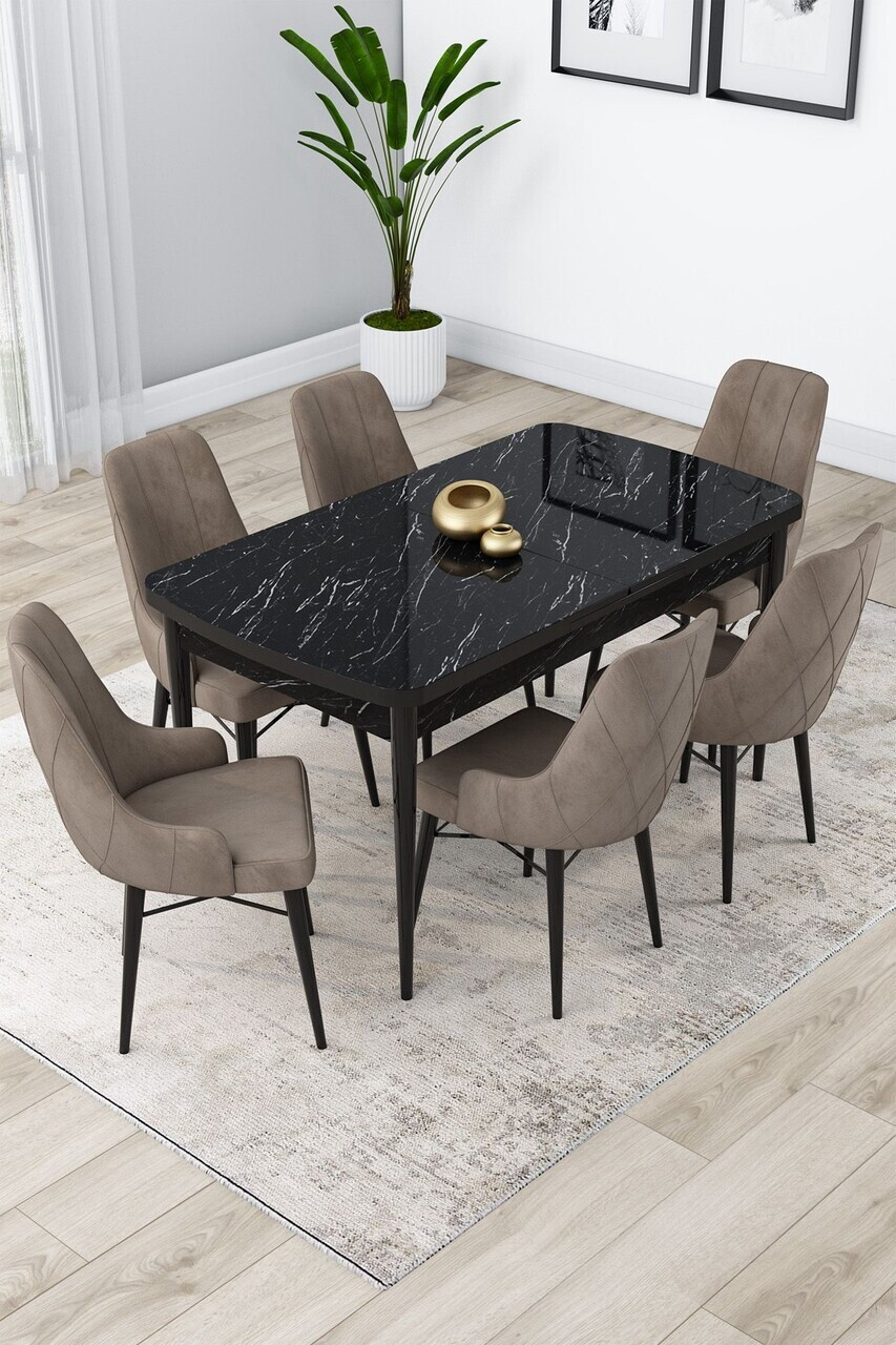 Set masa extensibila si scaune (7 piese), Hanah Home, Lia, Model de marmură neagră / Cappuccino