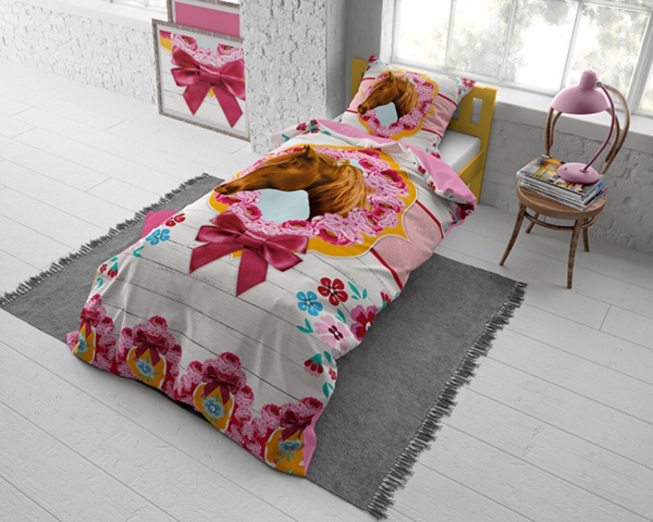 Lenjerie De Pat Pentru O Persoana, Cute Horse Pink, Dreamhouse, 2 Piese, 140x200 Cm, 100% Bumbac, Multicolora