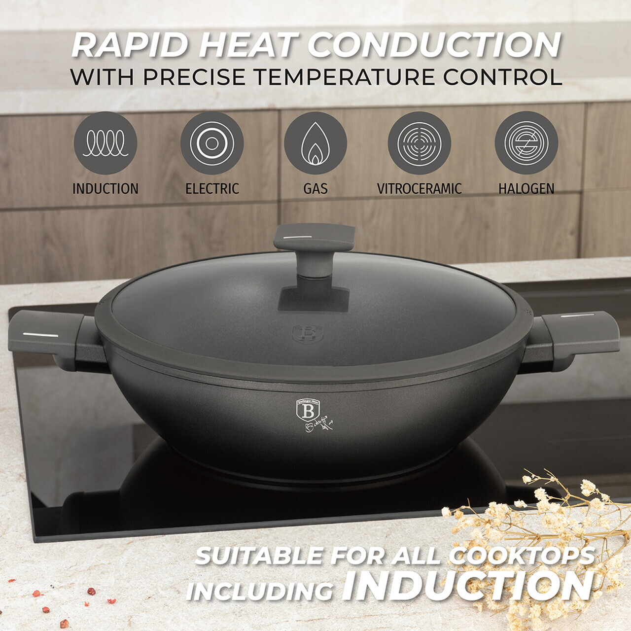 Tigaie Wok cu capac Berlinger Haus, Anthracite, 30 cm, aluminiu forjat, antracit mat - imagine 12