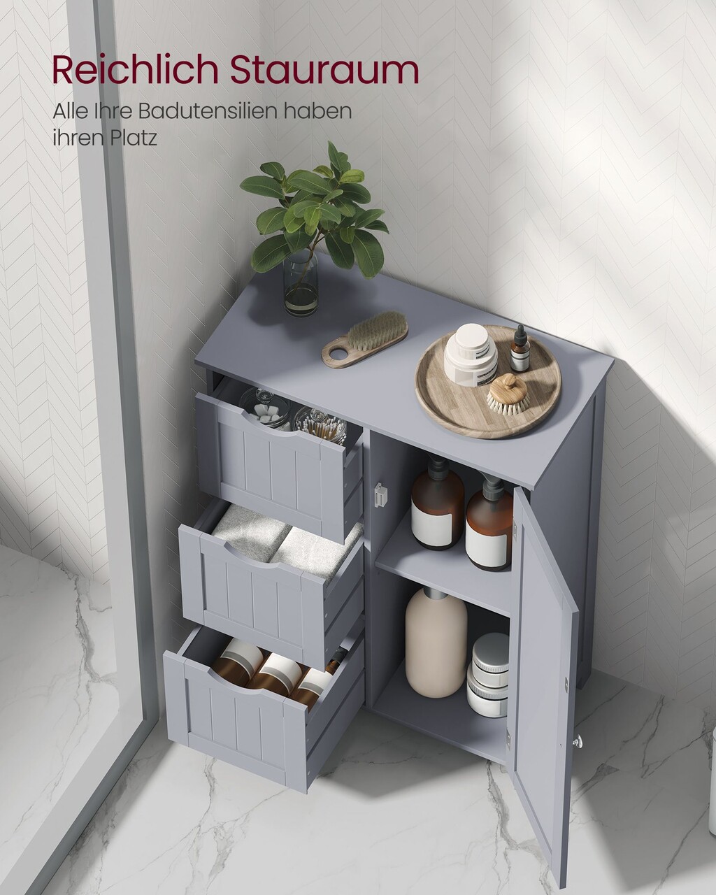 Dulap pentru baie cu 3 sertare, Vasagle, 60x30x80 cm, MDF, gri dove