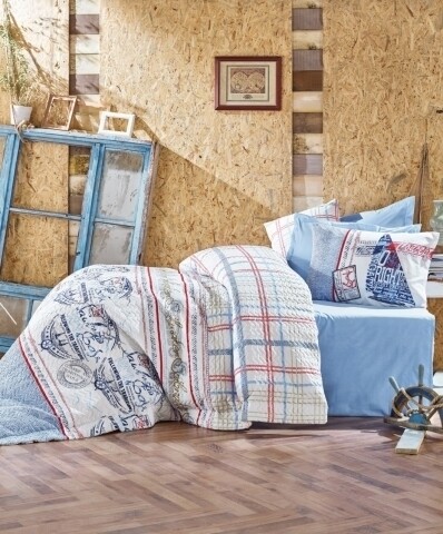 Lenjerie de pat matlasata pentru 2 persoane, 4 piese, 100% bumbac ranforce, Cotton Box, Seaport