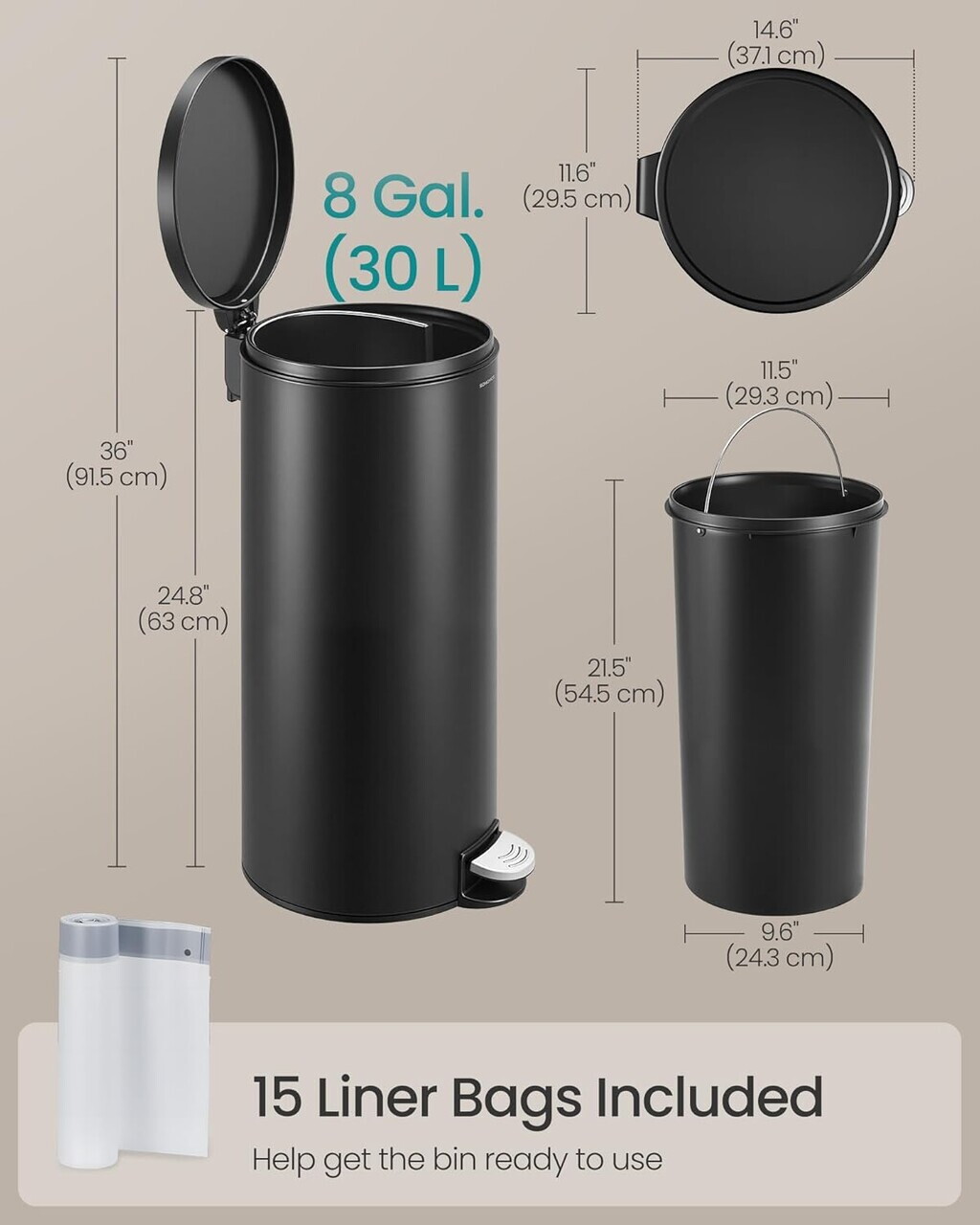 Cos de gunoi cu pedala 30L + 15 saci menajeri, Songmics, capac soft-close, otel, negru - imagine 2