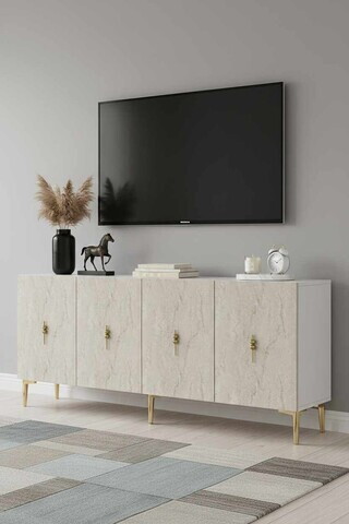 Consola, Hanah Home, Ayshe 180, 180x75x32 cm, White / Travertine / Gold