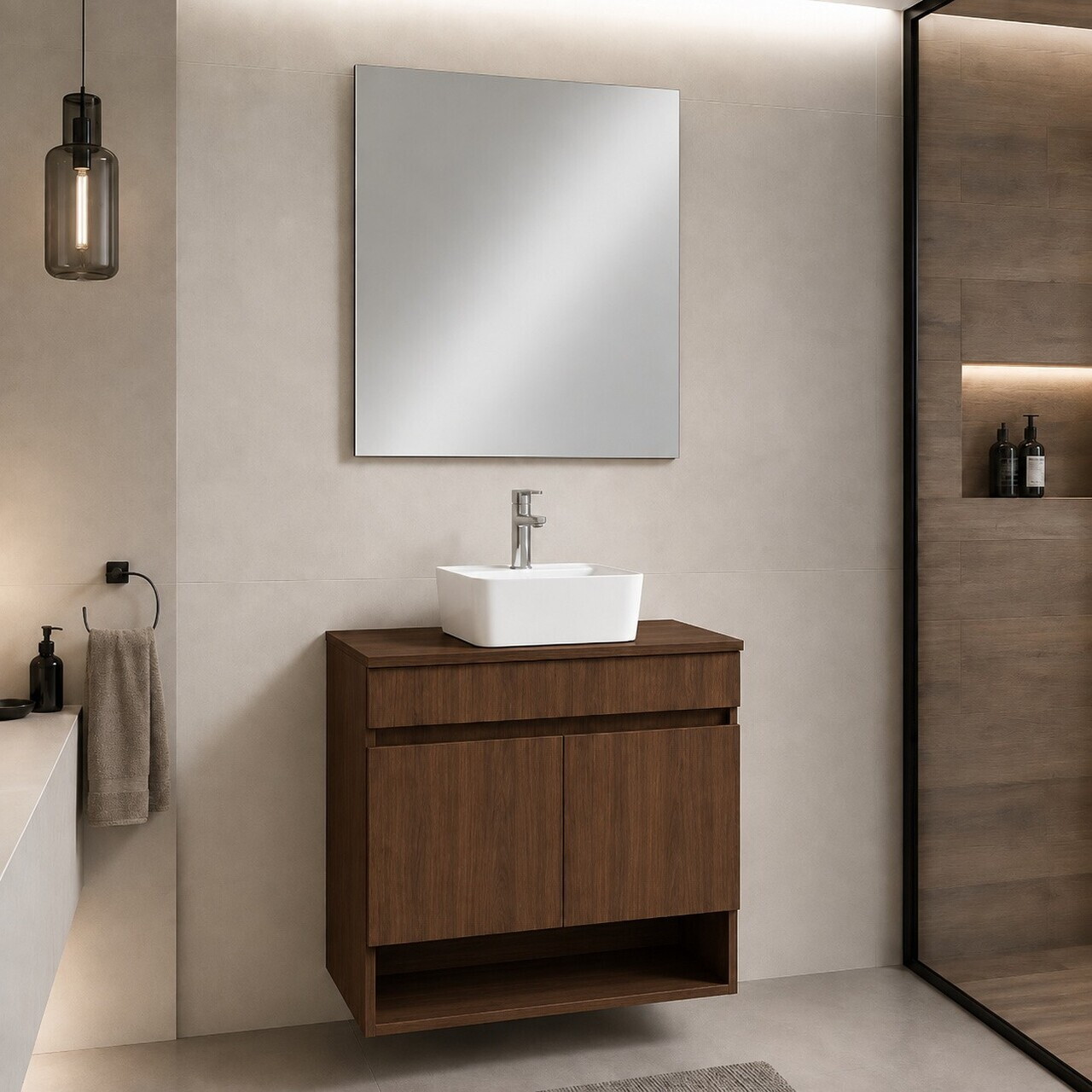 Set Dulap de Baie cu Chiuvetă și Oglindă (2 Piese), Hanah Home, Compacta Bowl 60, Nuc închis nou