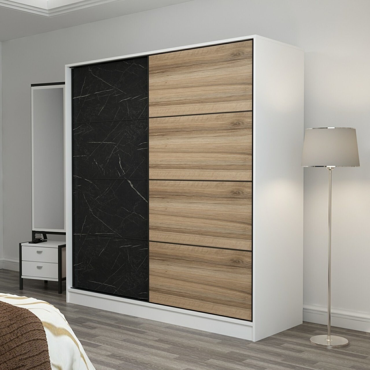 Dulap pentru haine, Minerva, Kale, 180x210x52 cm, PAL, Alb / Negru / Dore - 2 | YEO
