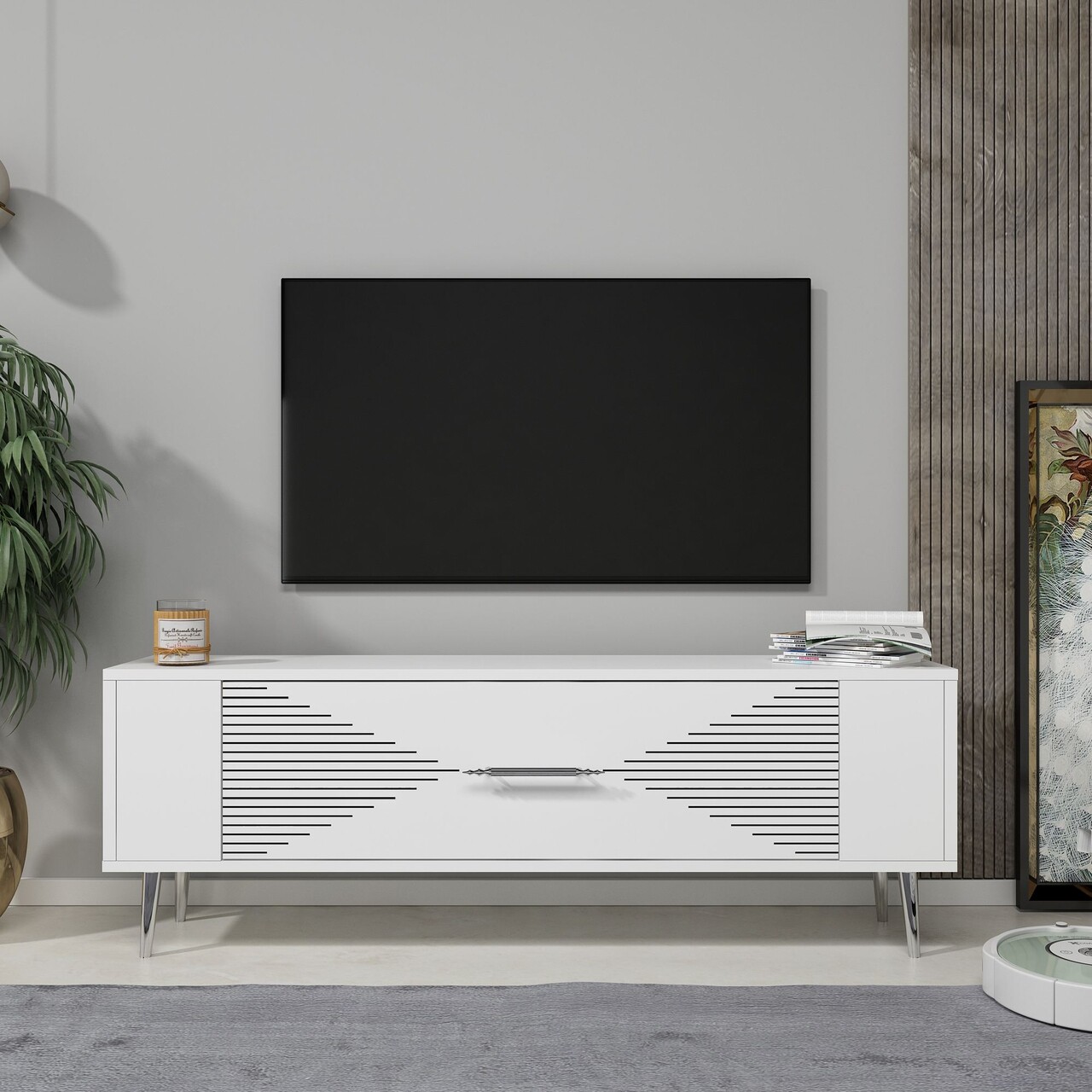 Comoda TV, Olivia, Retrol1, Alb / Argintiu