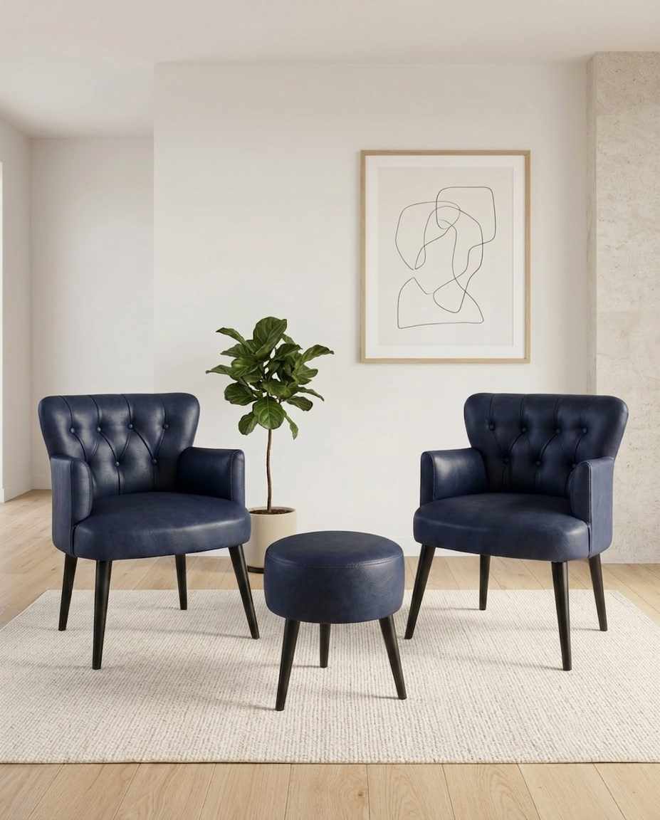 Set fotoliu cu aripioare și puf (3 piese), Atelier del Sofa, 281ELR1182, Albastru inchis