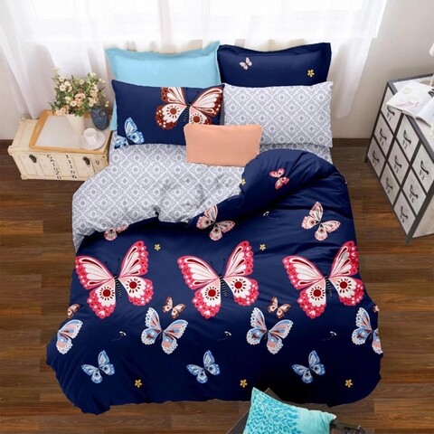 Lenjerie de pat dubla, king size, 4 piese, bs025, policoton, multicolor