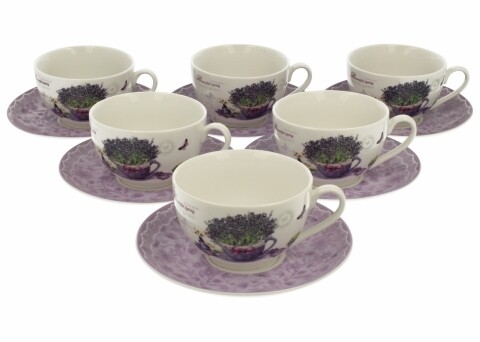 Set 6 cesti cu farfurie Passion, Duo, 250 ml, portelan, mov