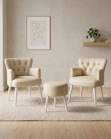 Set fotoliu cu aripioare și puf (3 piese), Atelier del Sofa, 281ELR1197, Crem