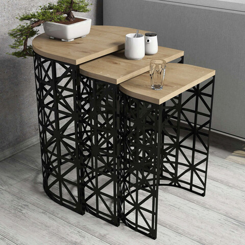 Set masute 3 piese, hommy craft, stil metal ferforje, stejar / negru