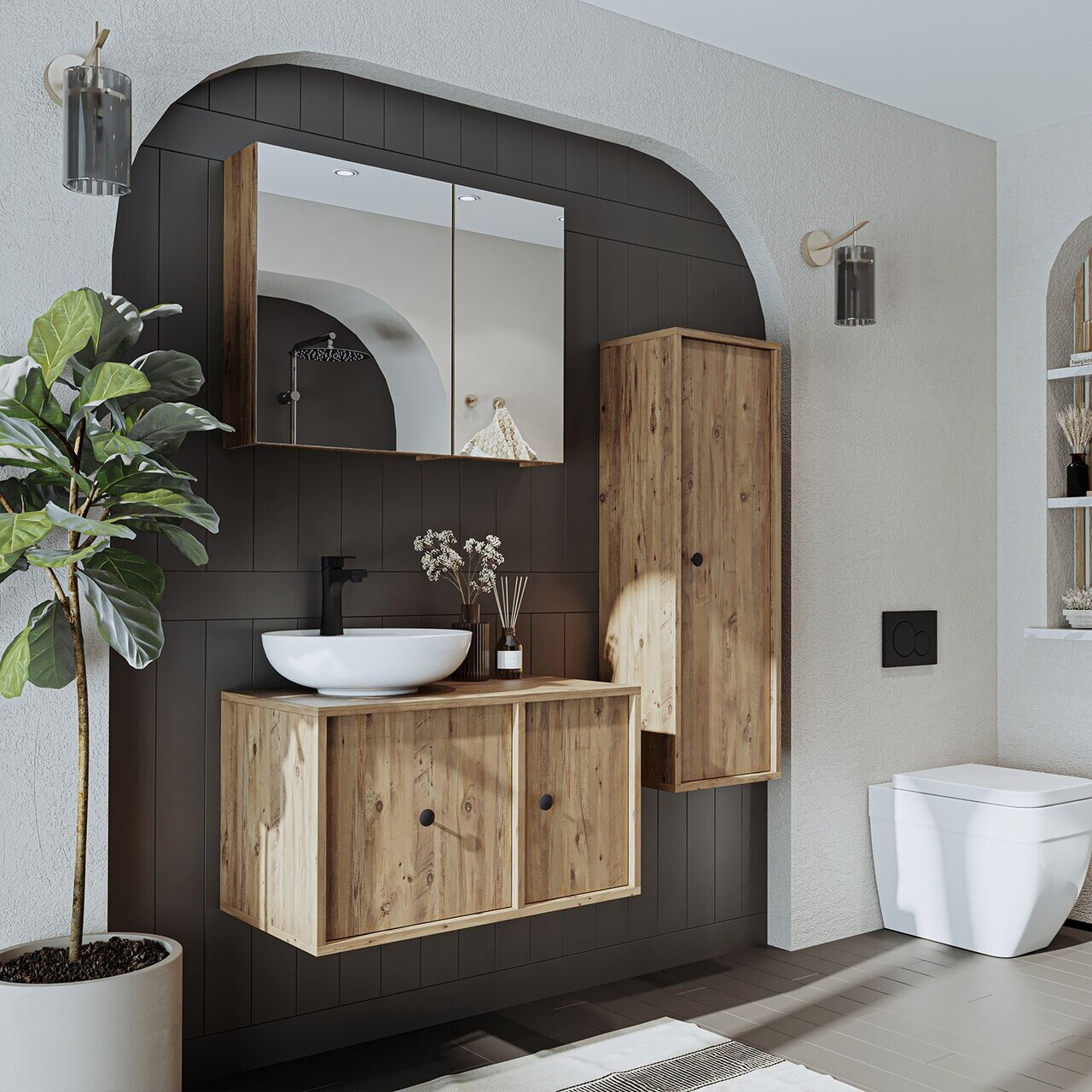 Set Dulap de Baie cu Chiuvetă și Oglindă (3 Piese), Hanah Home, 2553, MDF, Maro — imaginea 2