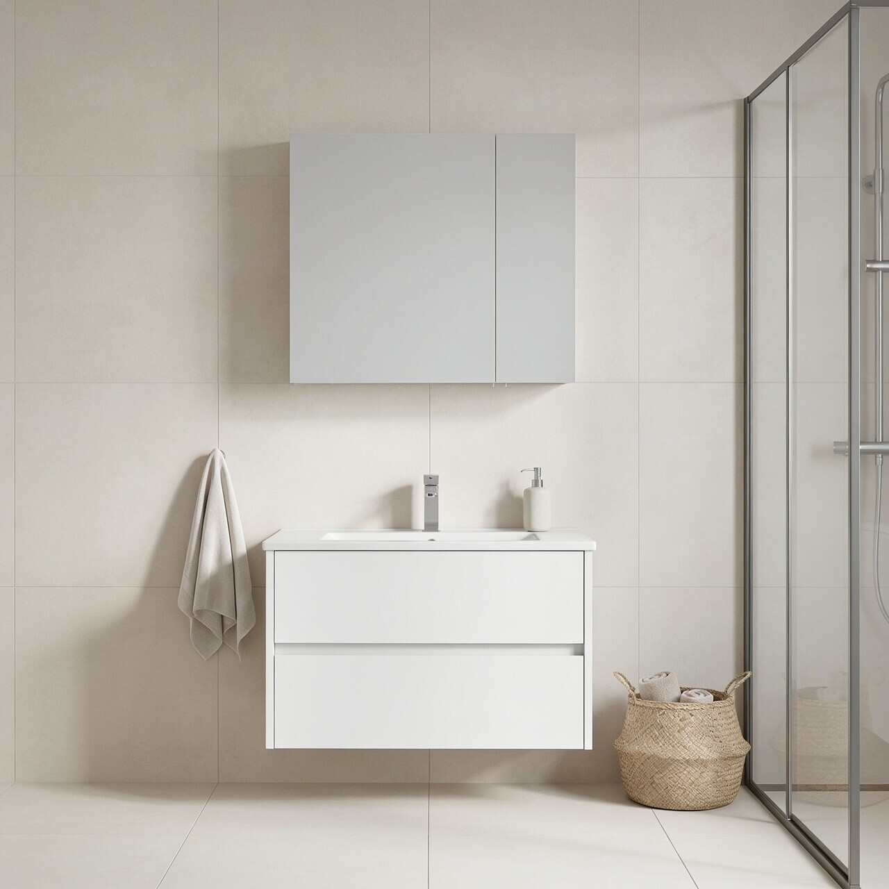 Set Dulap de Baie cu Chiuvetă și Oglindă (2 Piese), Hanah Home, Side 85 v2, Alb mat