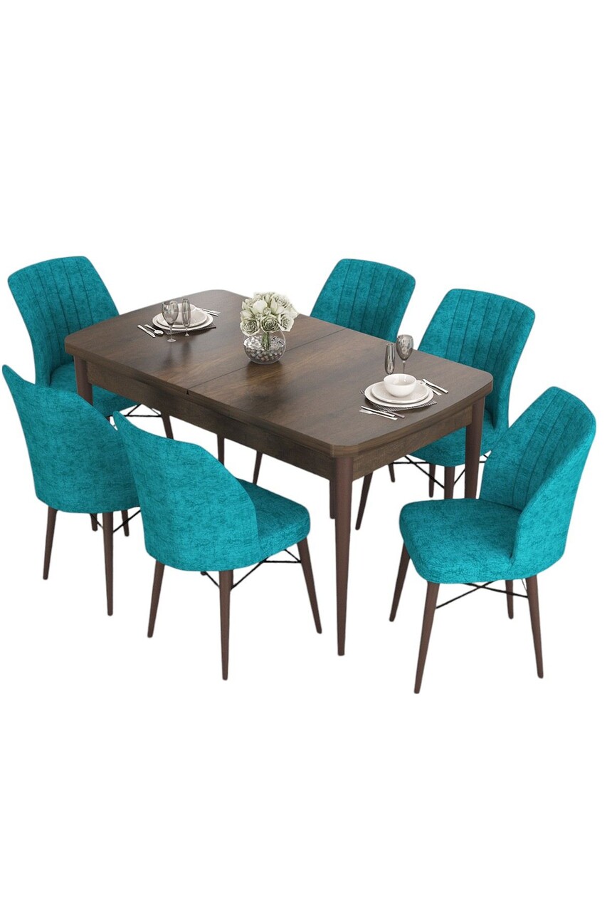Set masă și scaune extensibile (7 Pieces), Hanah Home, Eva, Baroc / Turcoaz - view 2