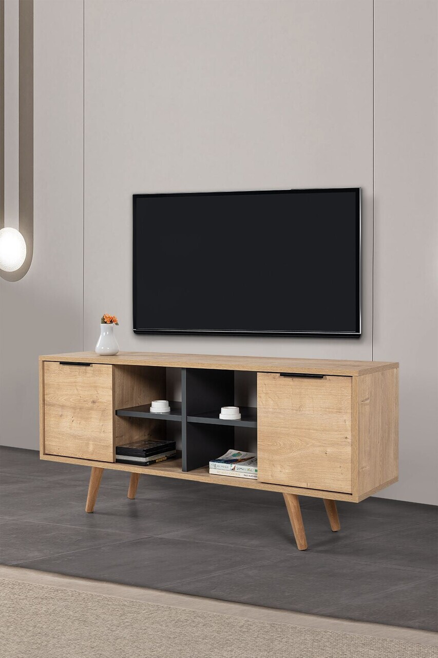 Comoda TV, Hanah Home, Sina 3319, 130x59x35 cm, PAL, Stejar safir / Antracit — imaginea 3