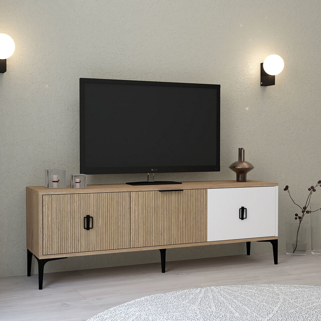 Comoda TV, Hanah Home, Neva 3502, 150x50x35 cm, PAL, Stejar / Alb — imaginea 4