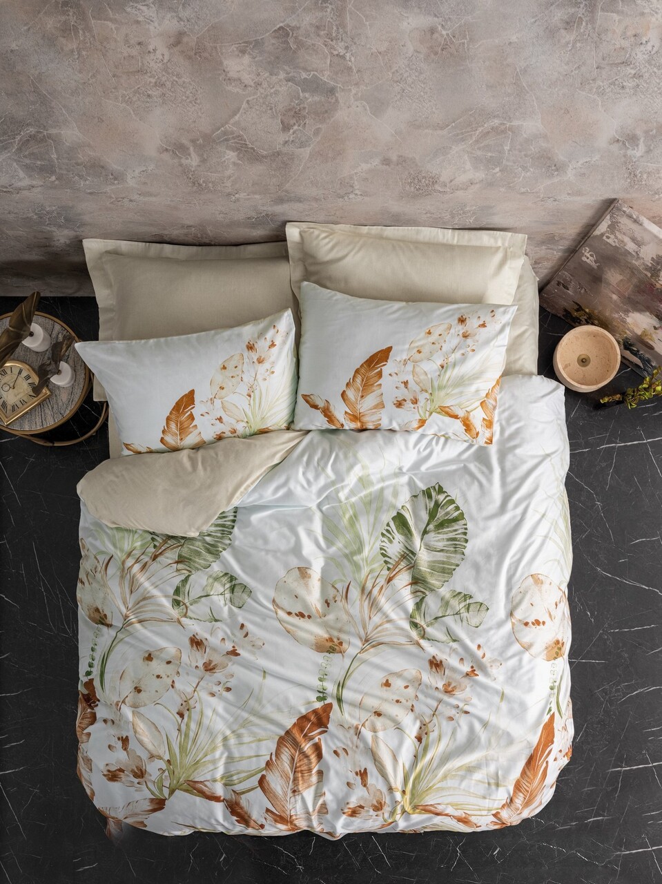 Lenjerie de pat dubla King (FR) L'essentiel Maison Luster Bej/Alb/Verde