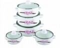 Set de gatit 10 piese, Cherry, Vanora Home, 0.5l, 0.8l, 1l, 1.5l, 2l, otel carbon emailat si sticla, multicolor