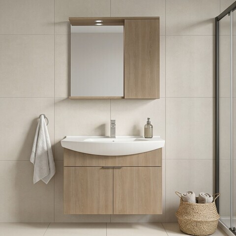 Set Dulap de Baie cu Chiuvetă și Oglindă (2 Piese), Hanah Home, Purus 80, Stejar