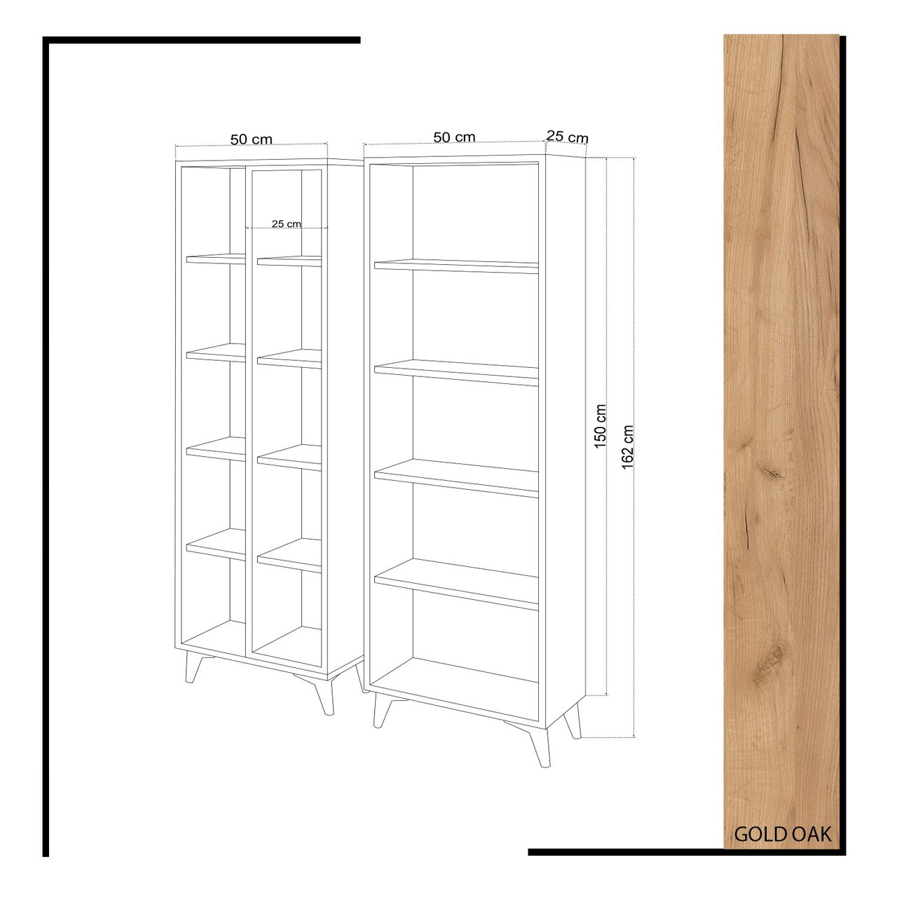 Corp biblioteca, Mod Design, Potenza, 50x162x25 cm, Stejar / Alb