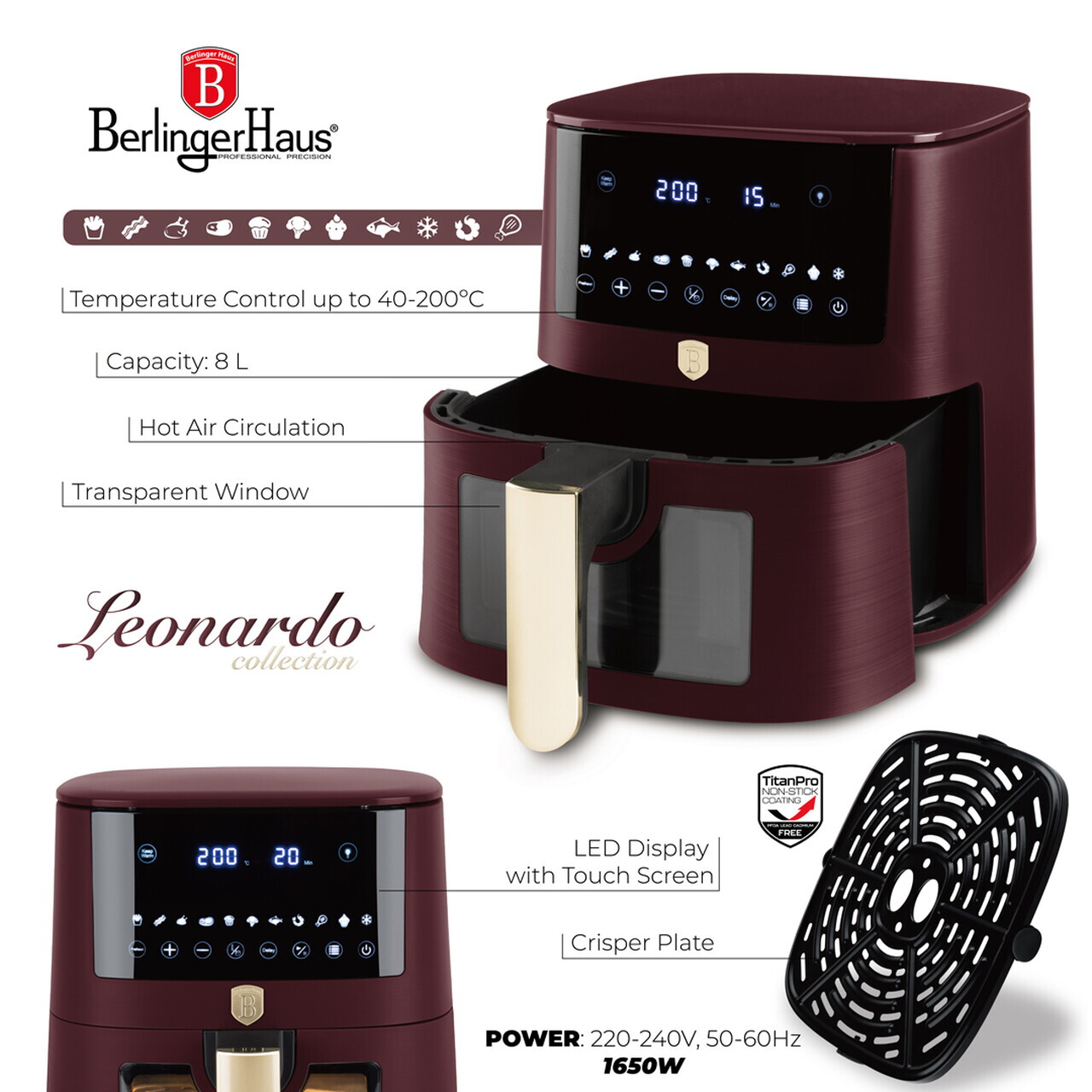 Friteuza cu aer cald si fereastra Berlinger Haus, Leonardo, 38.8x30x32.4 cm, 8 L, 1650W, visiniu mat - imagine 10