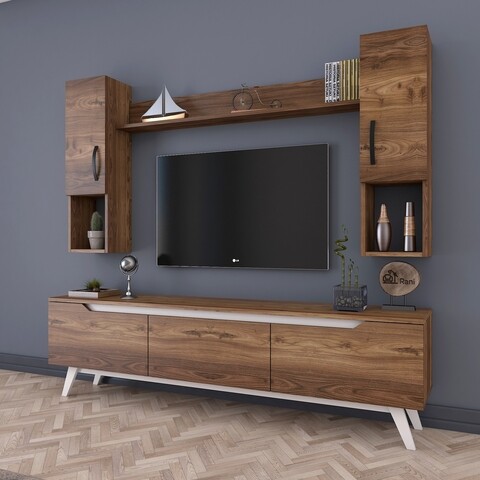 Comoda TV cu raft de perete si 2 cabinete M27 – 833, Wren, 180 x 35 x 48.6 cm/133 cm, walnut/white 180