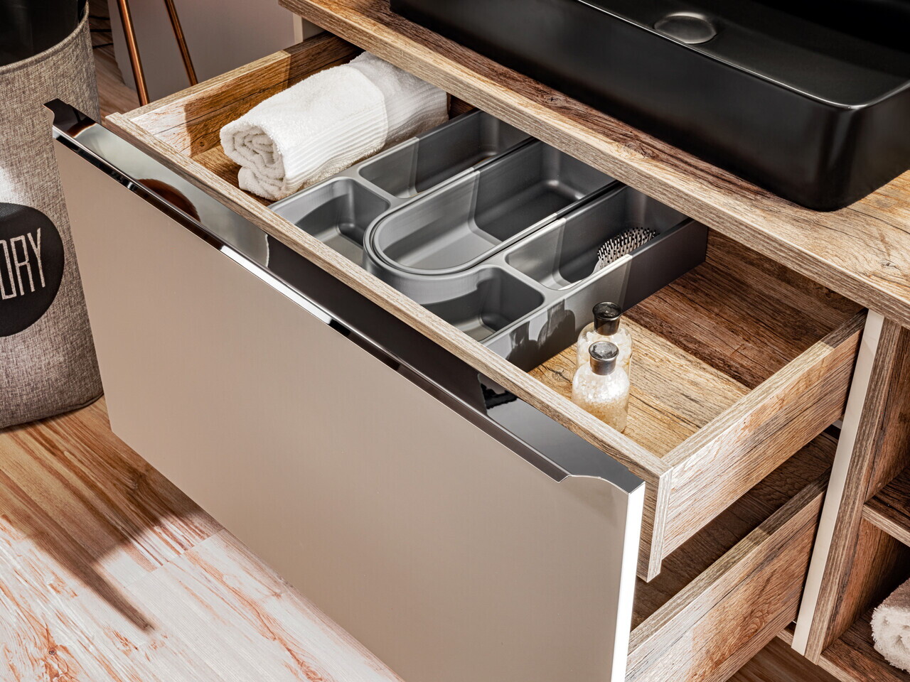 Set mobiler baie, dulap cu lavoar, 60 cm, Santa Fe Taupe, Comad, MDF/PAL laminat, gri/stejar santa fe vintage — imaginea 12
