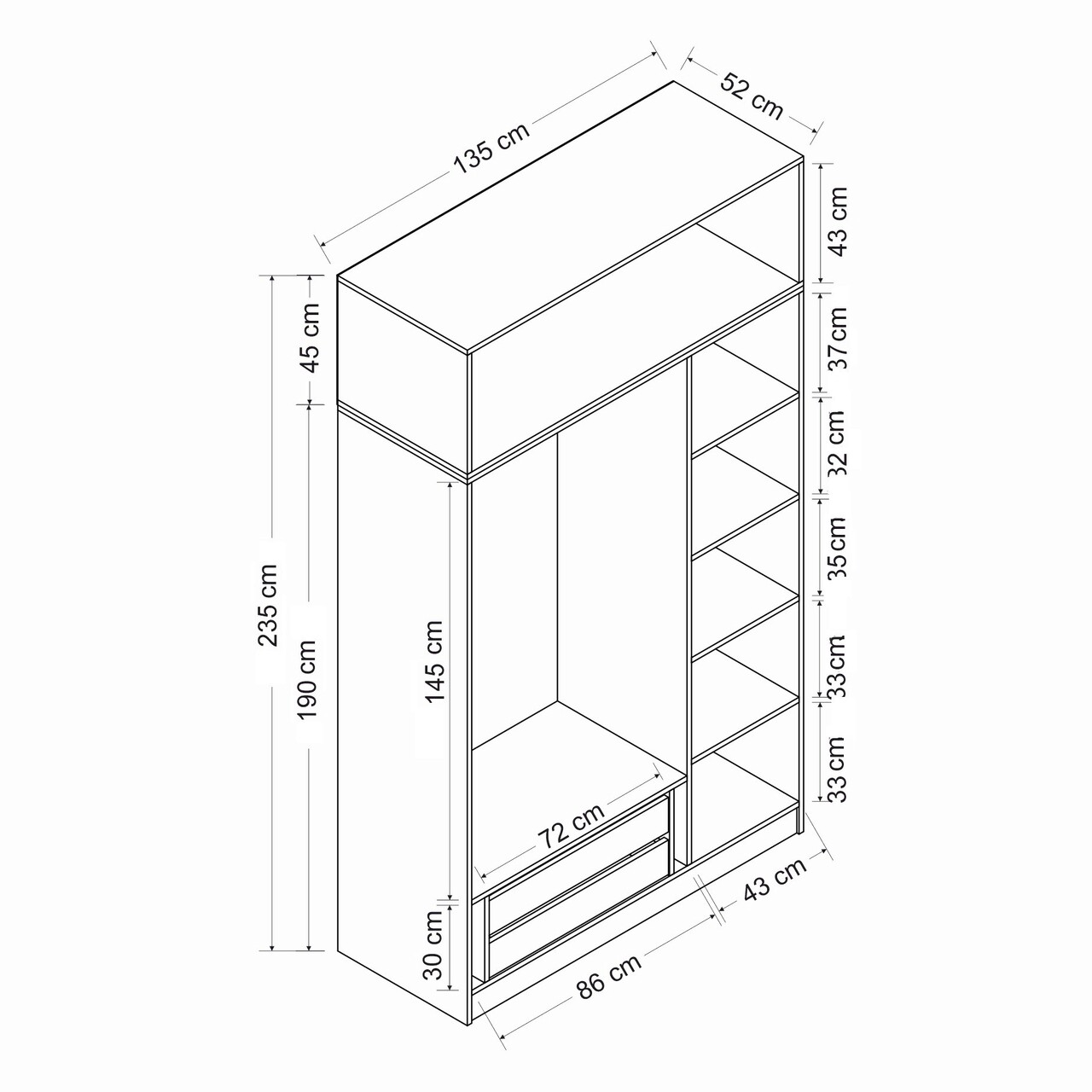 Dulap pentru haine, Minerva, Minar 3 Kapak 2 Çekmece 235, 135x235x52 cm, PAL, Antracit
