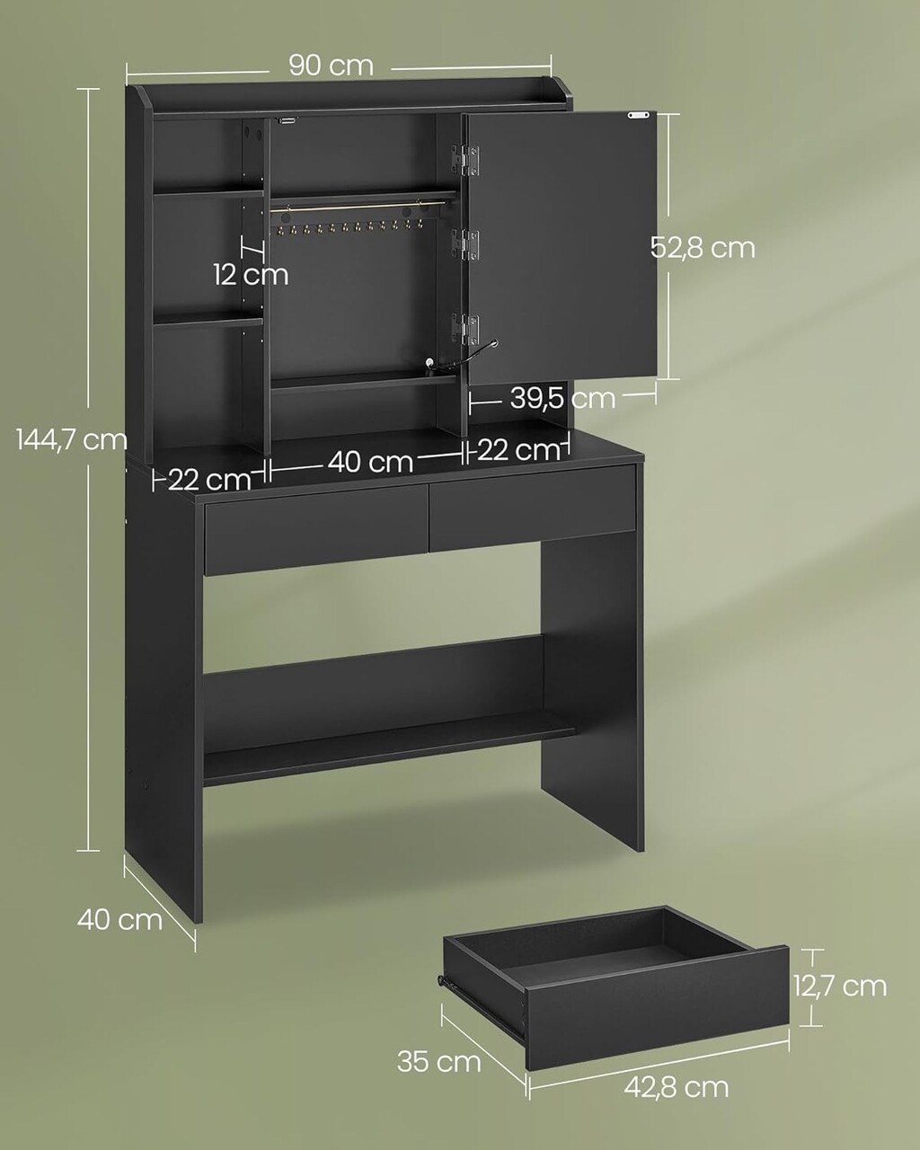 Masa de toaleta cu  oglinda cu LED-uri ajustabile/ masuta dressing, Vasagle, 90x40x144.7  cm, PAL/MDF, negru - 1 | YEO