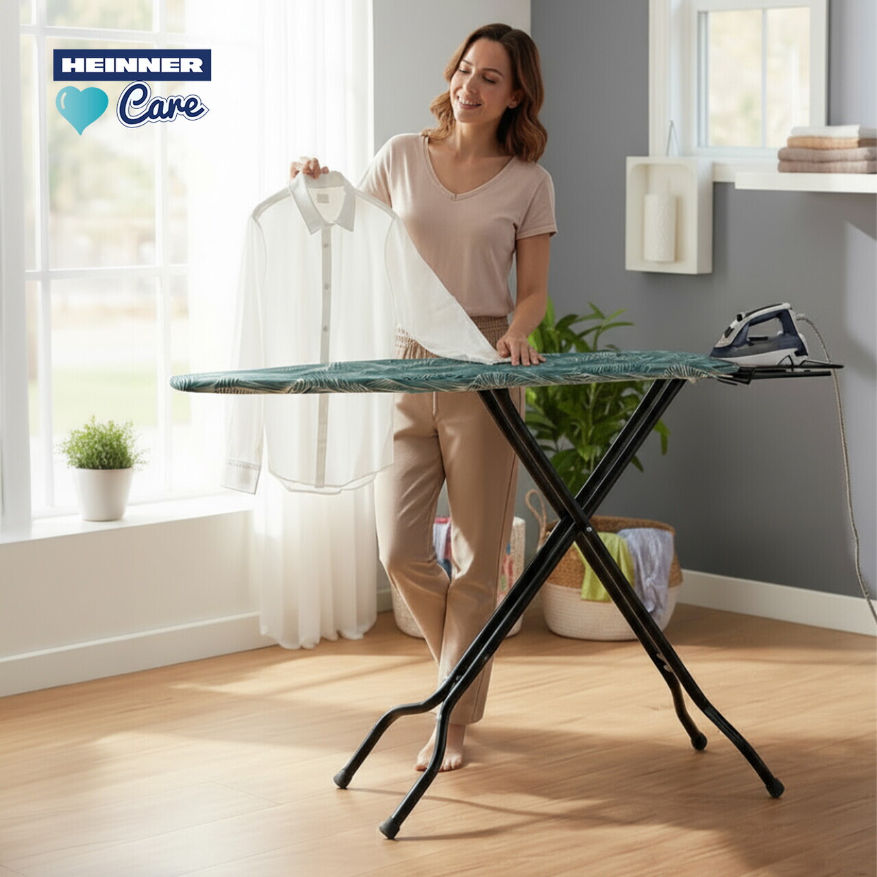 Masa de calcat Linea, Heinner Care, 124x43 cm, bumbac/metal, verde/alb - imagine 2