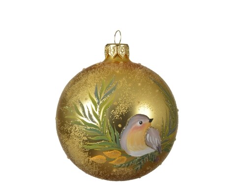 Glob Bird and wreath, Decoris, Ø8 cm, sticla, auriu/verde