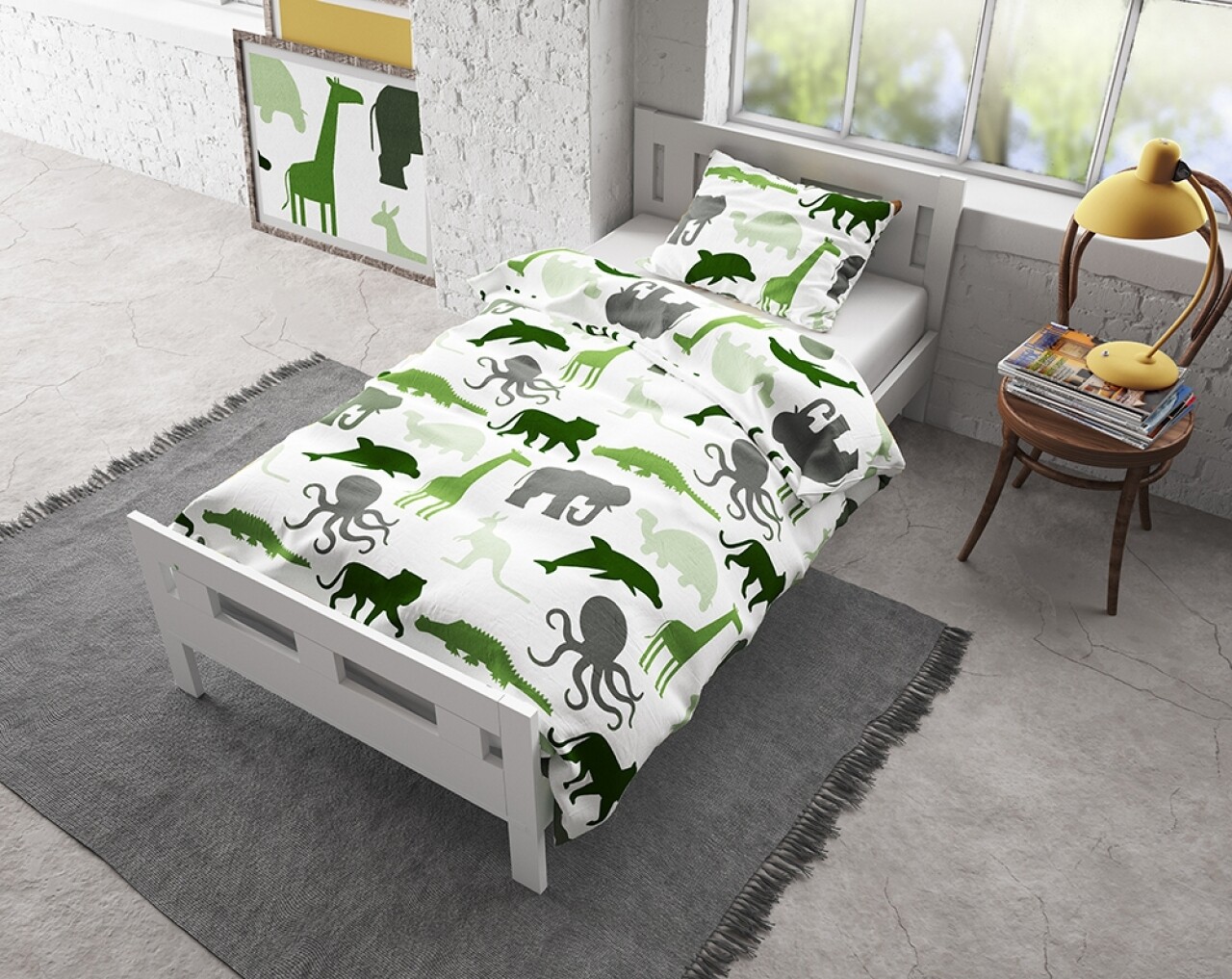 Lenjerie De Pat Pentru O Persoana, Small Dino Green, Royal Textile, 2 Piese, 140 X 200 Cm, 100% Bumbac Flanel, Alb/verde