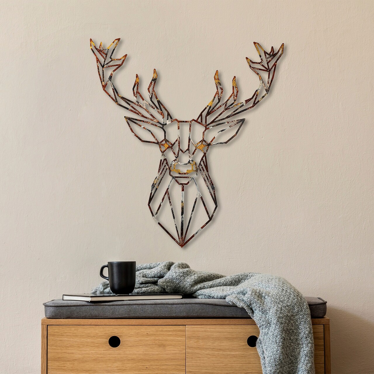 Decoratiune de perete, Deer, Metal, Latime: 60 cm / Inaltime: 65 cm, Multicolor - 1 | YEO