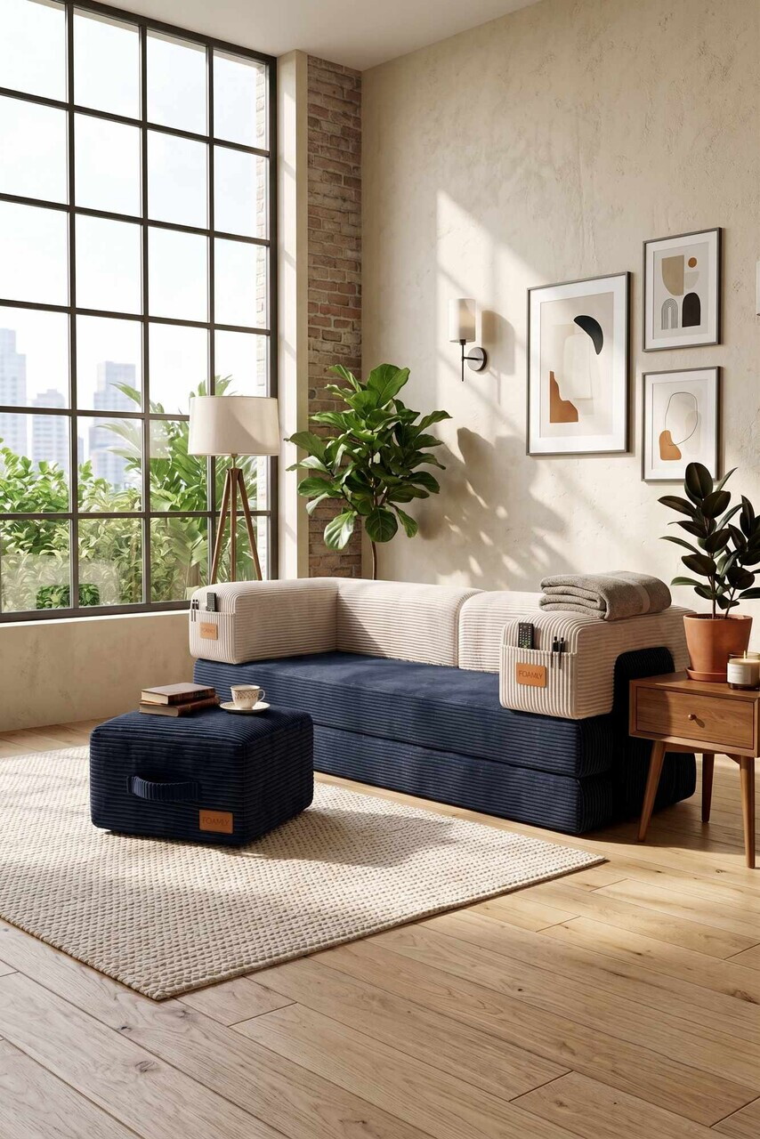 Canapea extensibila 3 locuri, Atelier del Sofa, 326NYR1160, Albastru închis / Crem