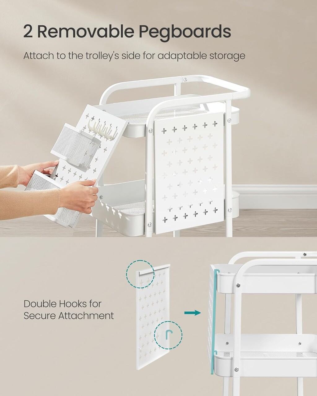 Carucior cu 3 rafturi, Songmics, 43.3x32.3x73.9 cm, max 30 kg, alb - imagine 5