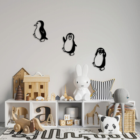 Decoratiune de perete, penguins, metal, 20 x 29 cm, negru