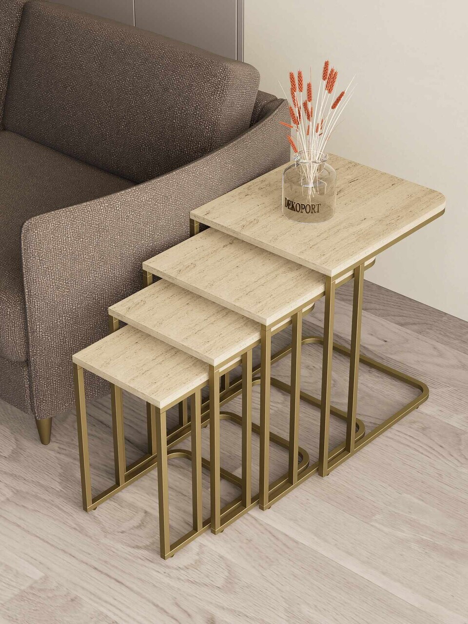 Set masute Nesting 4 piese, Hanah Home, Tekerli, Aur / Travertin