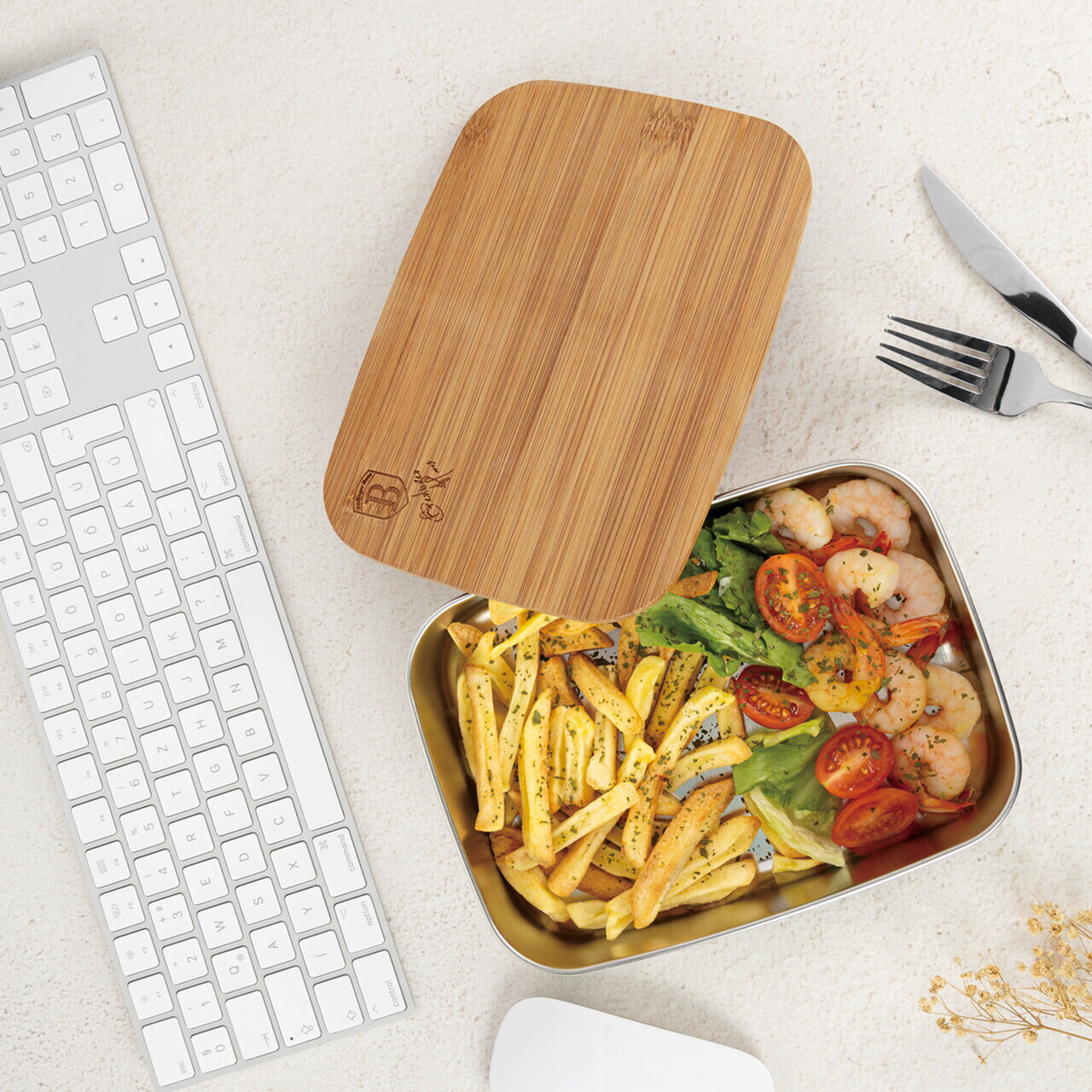 Cutie pentru pranz Berlinger Haus, Take Away, 21.2x15.8x7 cm, inox 18/10 / bambus, argintiu/natur