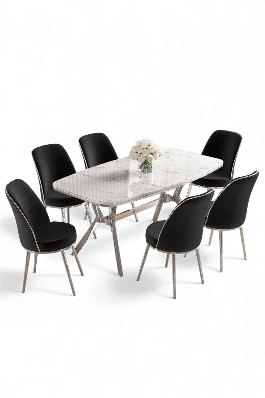 Set masă și scaune (7 piese), Hanah Home, Lena, MARMURĂ ALBĂ CROM / NEGRU - view 2