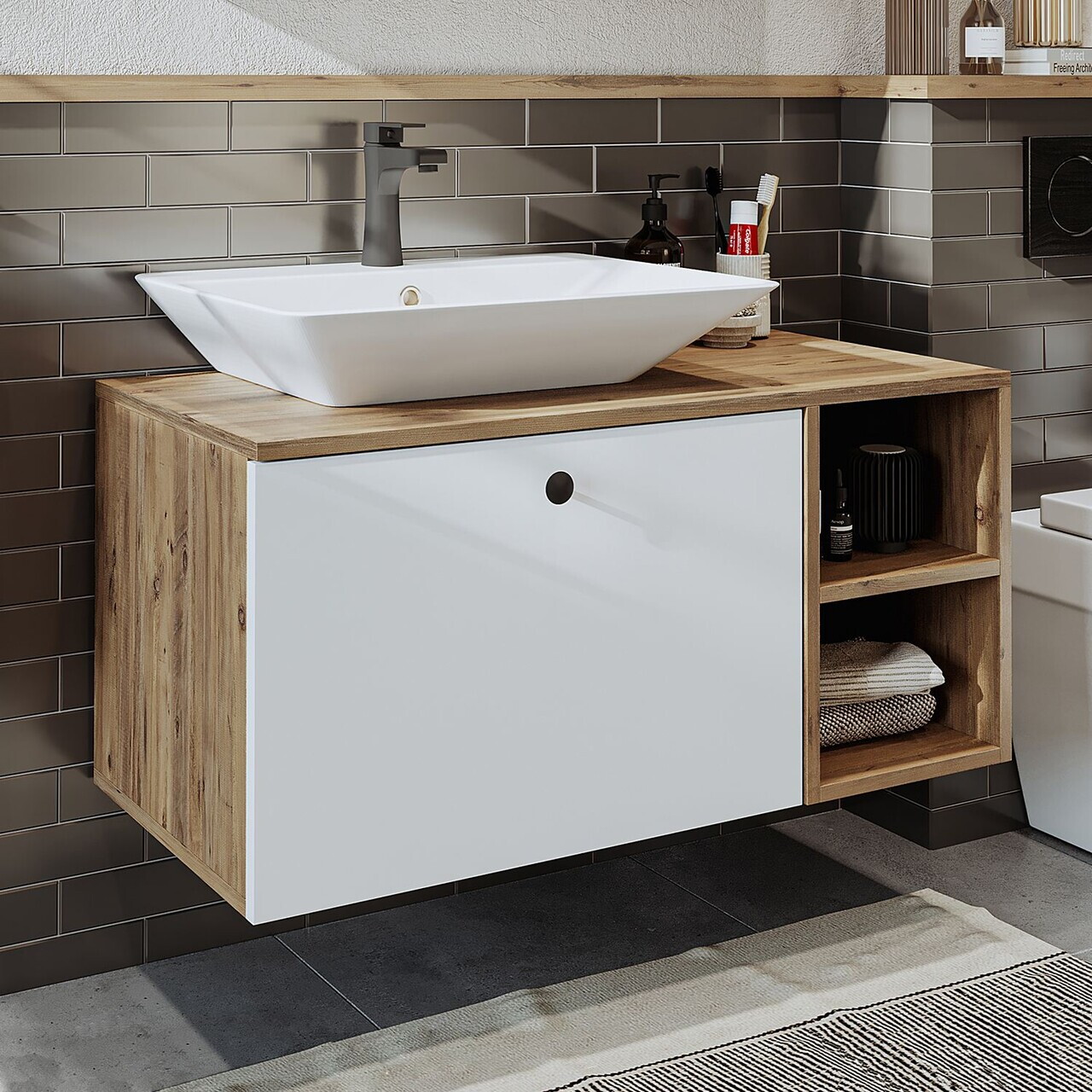 Dulap de baie cu chiuvetă, Hanah Home, 2457, MDF, Pin Atlantic / Alb — imaginea 3