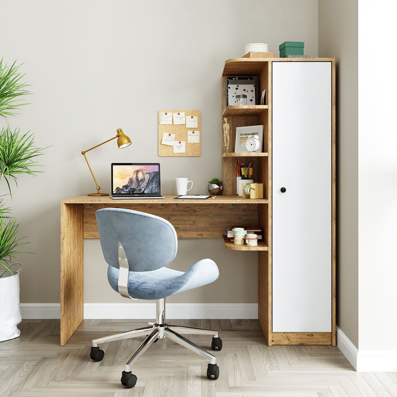 Set birou si biblioteca, Hanah Home, 2073, 143.2x143.2x50 cm, PAL MELAMINAT, Pin Atlantic / Alb