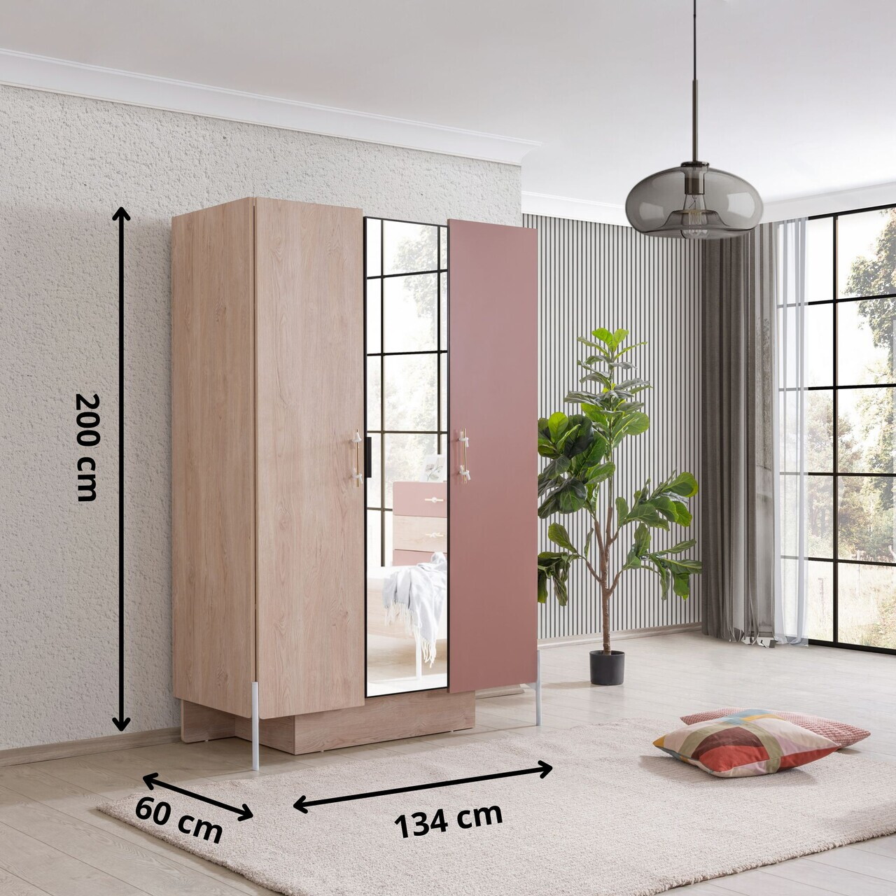 Dulap pentru haine, Hanah Home, Rosetta, 134x200x60 cm, PAL, Maro / Roz - view 7