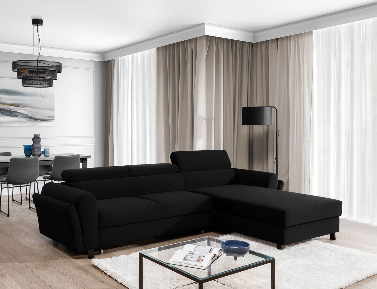 Coltar extensibil dreapta 4 locuri ELTAP, Mari-40, Mariall, 288x200x92 cm, lemn/poliester, negru - 1 | YEO