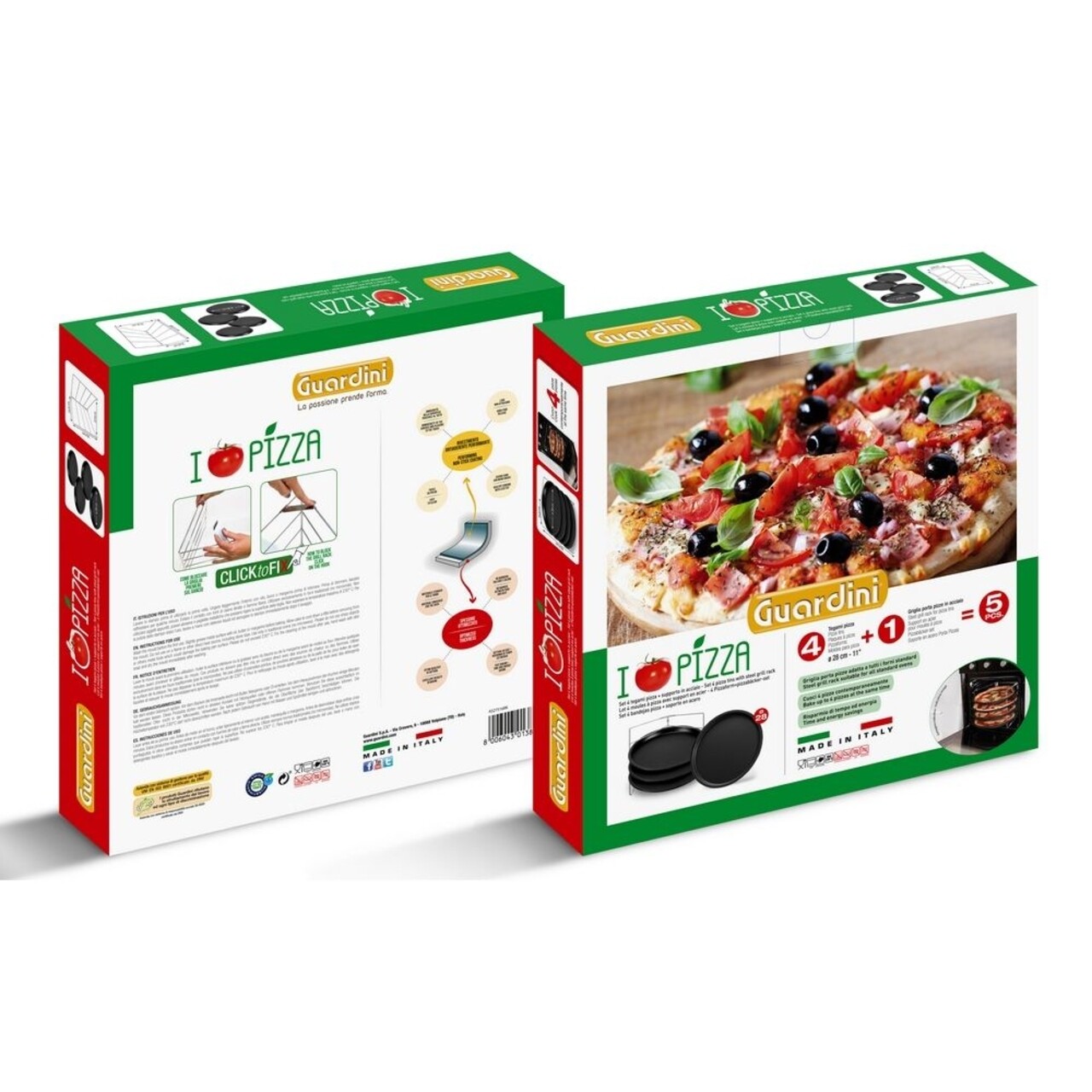 Set 4 Tavi Pentru Pizza + Suport, Guardini, 28 Cm Ø, Otel Hi-Top