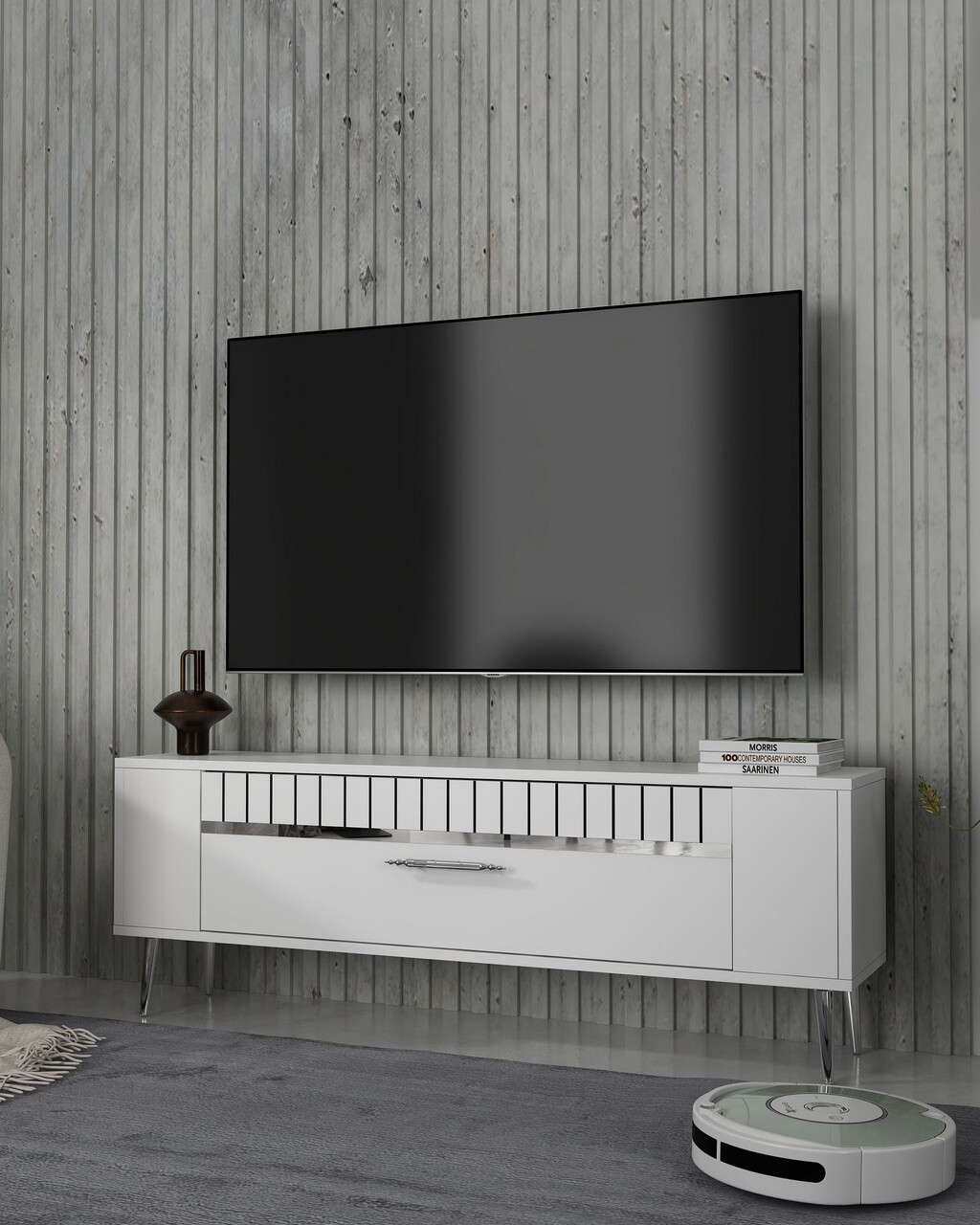 Comoda TV, Olivia, Retrolp1, Alb / Argintiu - 1 | YEO