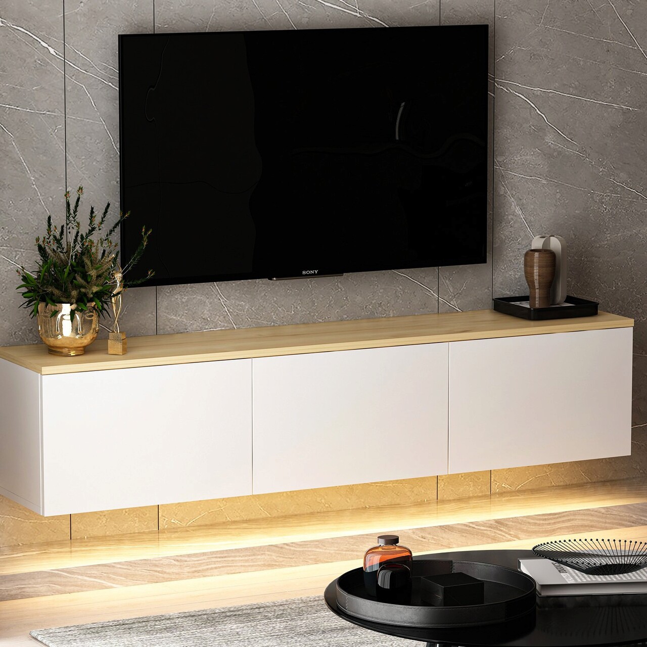 Comoda TV, Inarch, Neon, 160x35x32 Cm, Stejar Alb