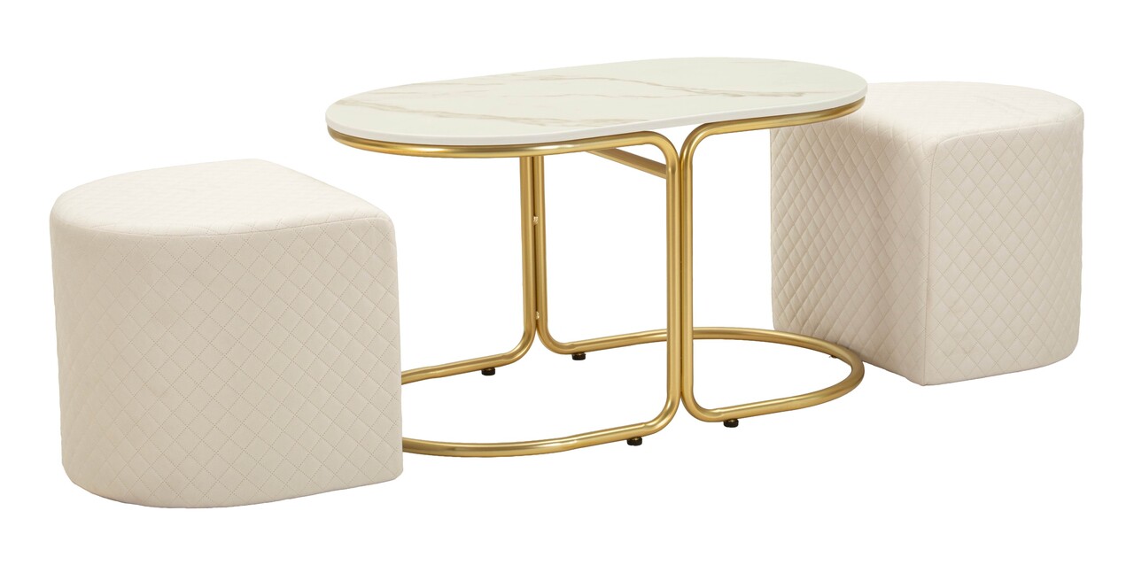 Set masuta de cafea si 2 taburete, Mauro Ferretti, Relax, 79x45x44 cm, lemn de pin/poliester, alb/auriu - imagine 11